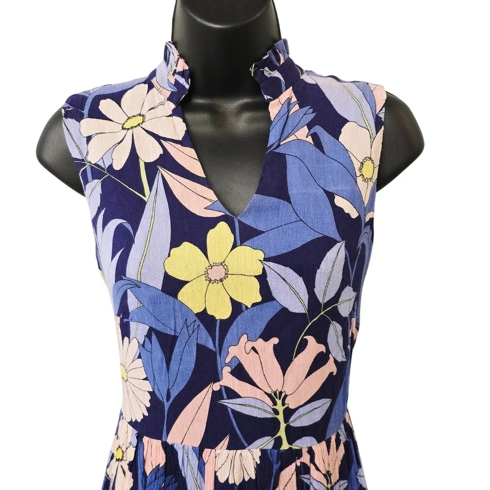 NWT Tori Richard Paola Dress Navy Blue Floral Cotton Rayon Tiered XS 7627-WQ76 - Picture 2 of 8
